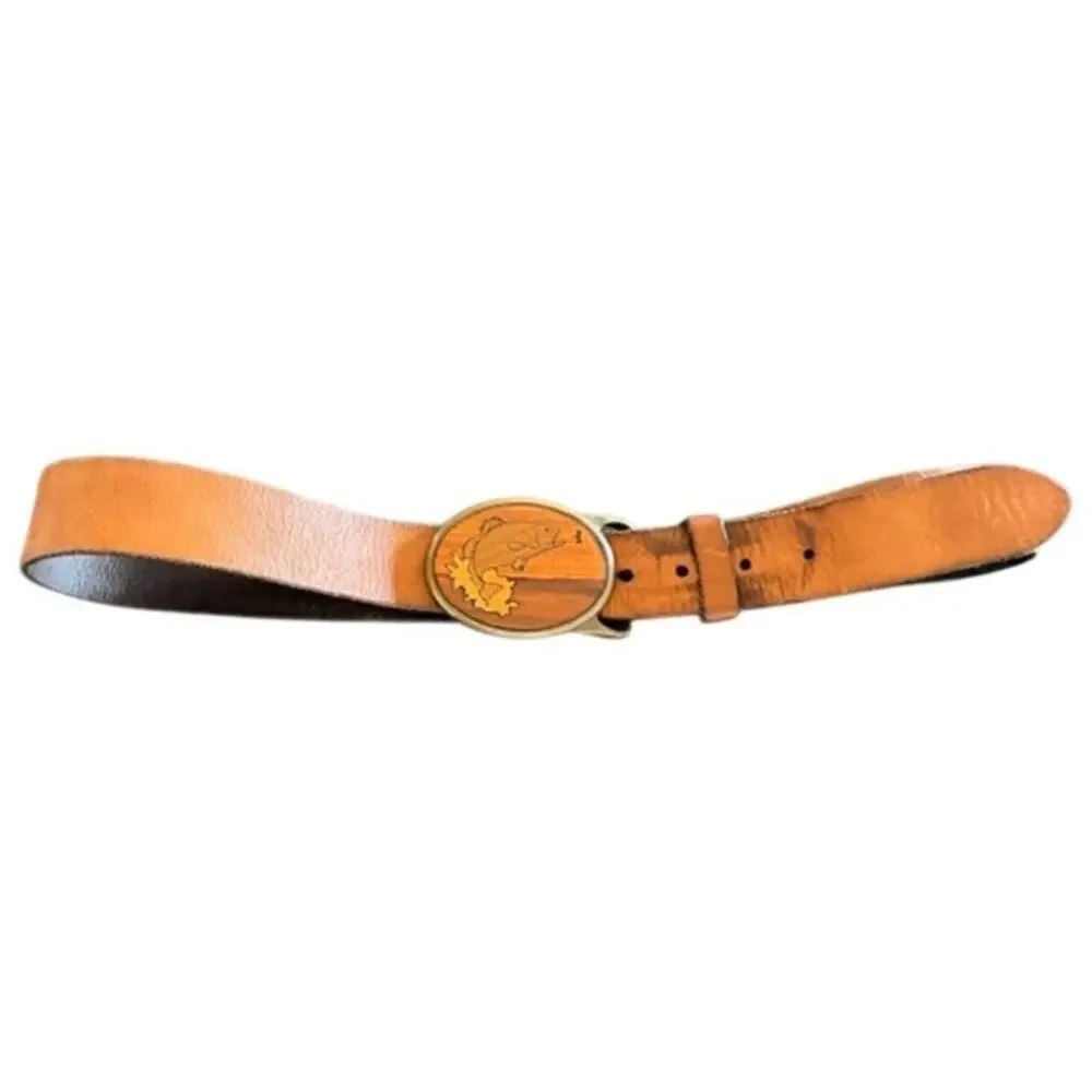 Solid Brass Bass Fish Buckle Brown Genuine Leather Belt Size 34 Fishing Outdoors